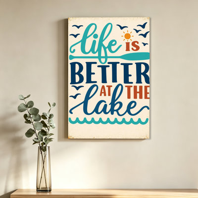 Canvas Wall Art Vintage Rustic Life Is Better At The Lake Quote Print With Paddle Sun Birds Wave Graphic Wall Decor For Cabin Lake House Beach Cottage Bedroom Living Room