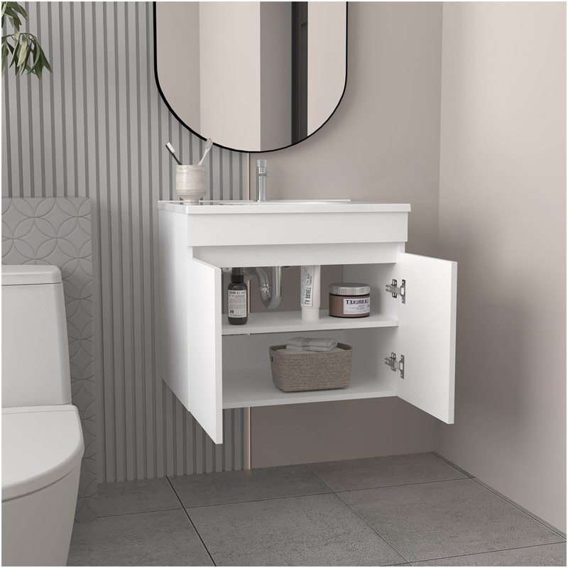 Meuble-lavabo avec lavabo, 2 portes, 2 tablettes, Blanc
