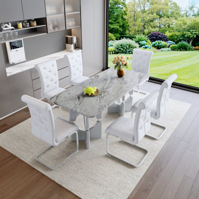 Modern 7-Piece Dining Table And Chair Set, Faux Grey Marble MDF Table With White Upholstered Chairs & Silver Metal Legs, Contemporary Kitchen & Dining Room Furniture
