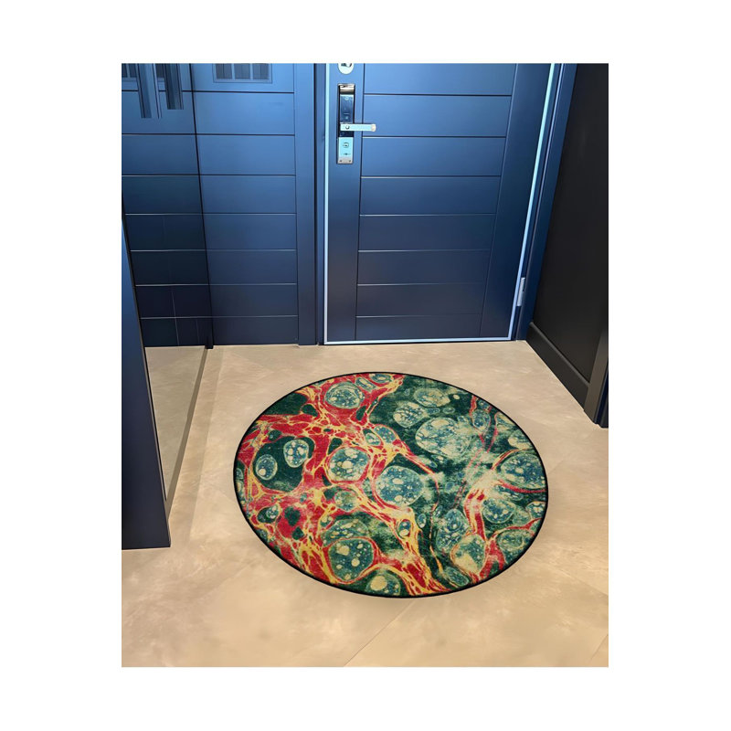 Round Multicolor Marbled Patterned Decorative Machine Washable Rug, Round 4'11" Rug Pad Included