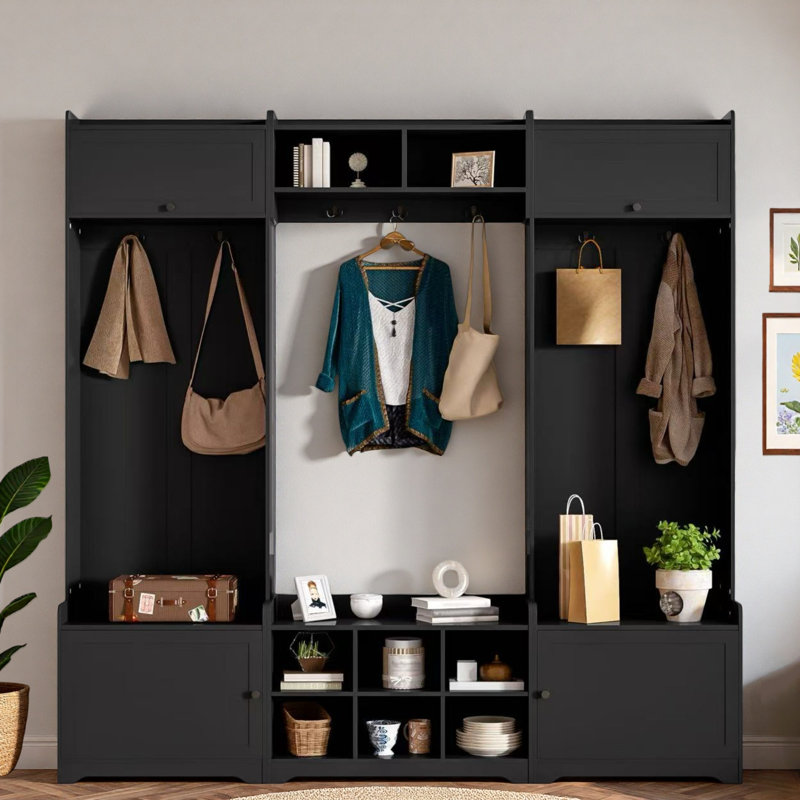 4-in-1 Modern Hall Tree With Shoe Storage, Cubbies, Coat Hooks And Adjustable Shelves, Black
