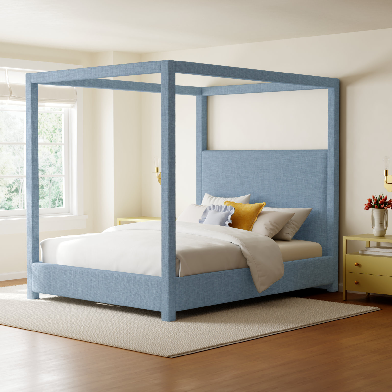 Mistaya Upholstered Canopy Bed, Sky Blue Linen , Queen
