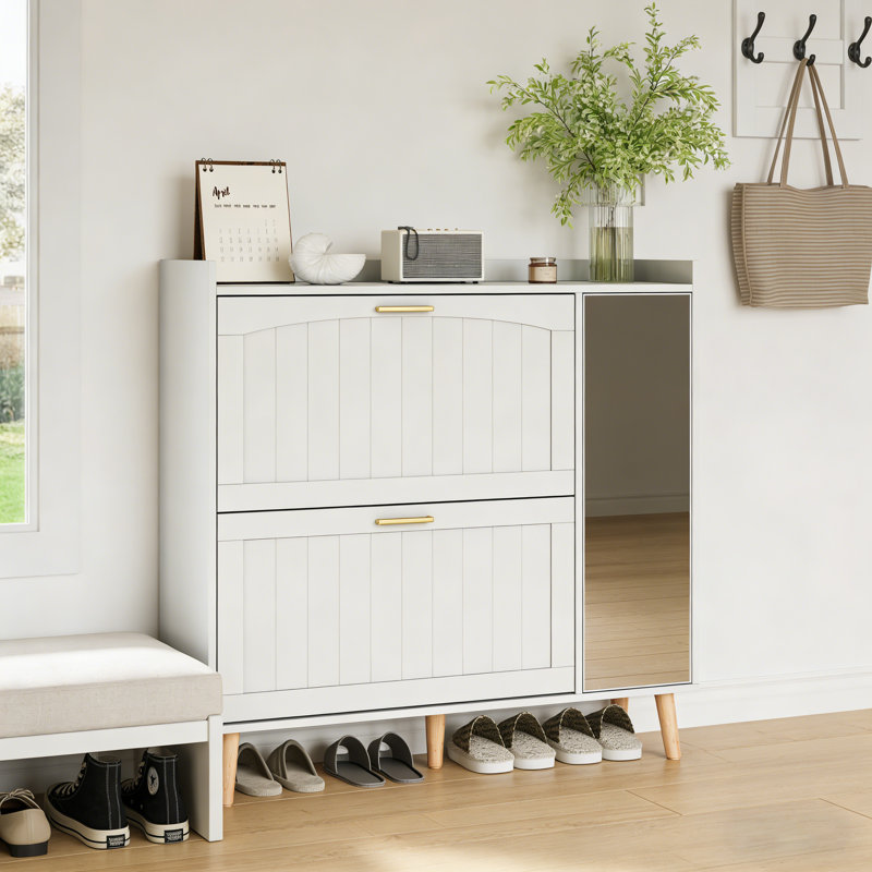 White Wooden Shoe Cabinet with Mirror, 2 Flip Drawers & Side Storage Cabinet, Freestanding Modern Shoe Storage with Adjustable Shelves for Hallway, Bedroom, Living Room