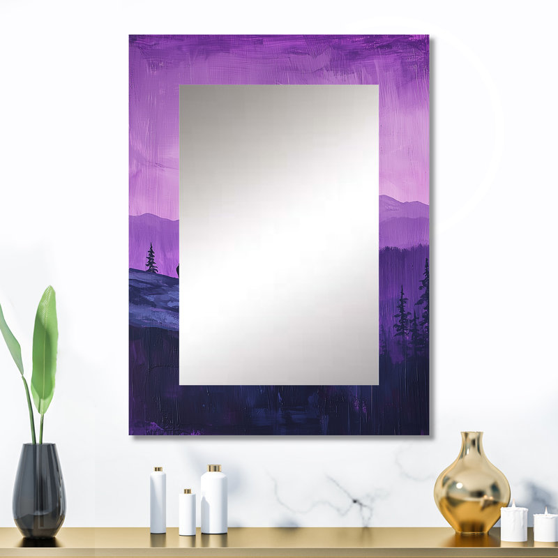 Ours au crépuscule dans la forêt I - miroir mural unique, miroir mauve, reproduction d'art en métal, 32 po x 24 po
