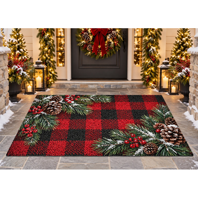 Tapis d'extérieur 152 x 213 cm à carreaux Buffalo, motif sapin et baies de Noël, en PVC épais, imperméable, à boucles, résistant et à séchage rapide, idéal pour terrasse, balcon, entrée ou porche.