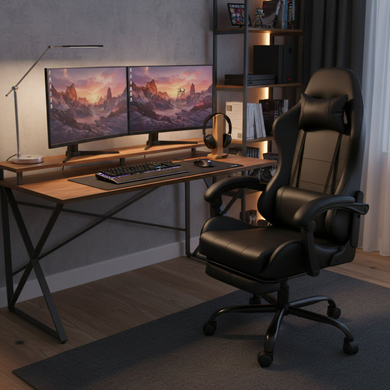 Black Gaming Chair For Home And Office Use, High Back With Reclining Function, Footrest And Lumbar Support, Compatible With Computer Desks.