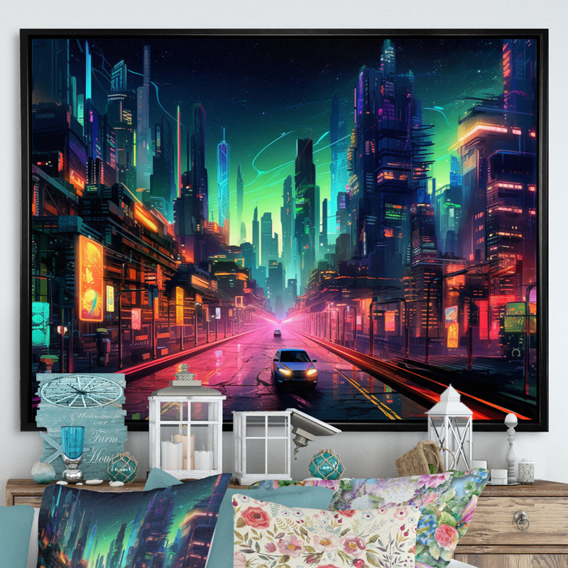 "Berlin Neon Cityscape I", reproduction d'art sur toile, H 12 po x l 20 po x P 1 po, Cadre flottant noir
