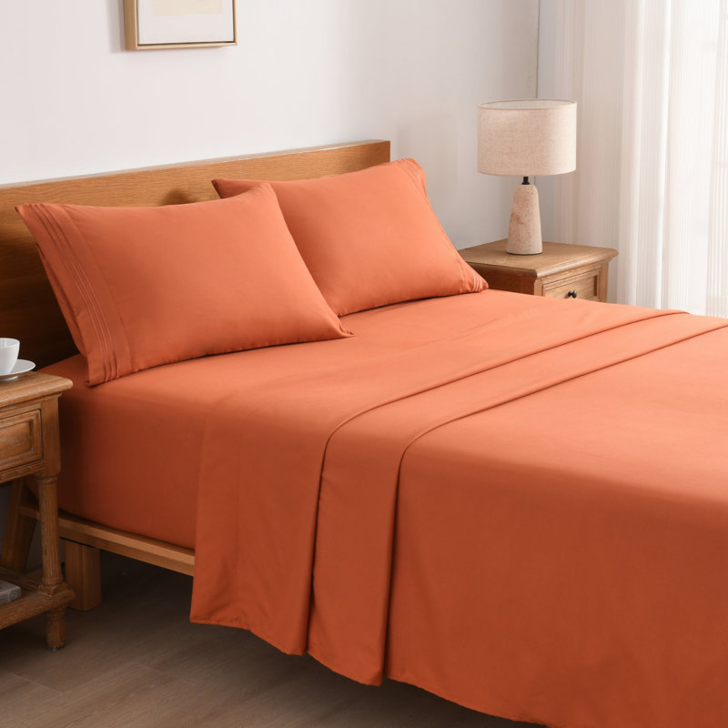 3/4 Pcs Soft Solid & Embroidery Bed Sheets Set, Orange, Full