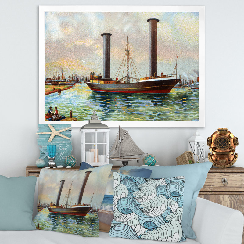 Ancien bateau qui sort du port - reproduction d'art sur toile, H 24 po x l 32 po x P 1 po, Cadre blanc