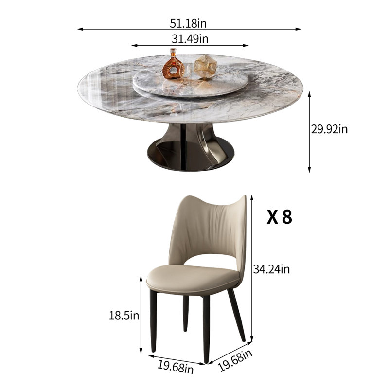 Ensemble de table ronde moderne supercristallin, 9 pièces : table, 8 chaises, H 29,92 po x L 51,18 po x l 51,18 po