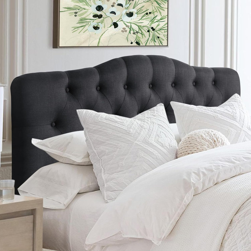 Linen Upholstered Headboard-Modern-Adjustable Height-Button Tufting, Full, Black