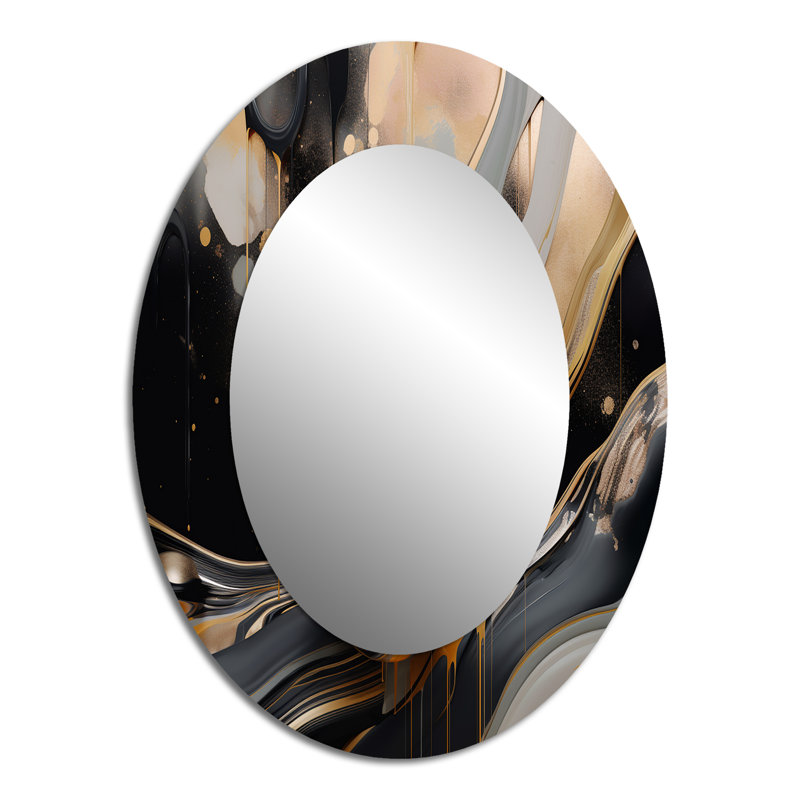 Gold And Black Marbled Euphoria II - Large Oval Wall Mirror On Metal, 40" x 30"
