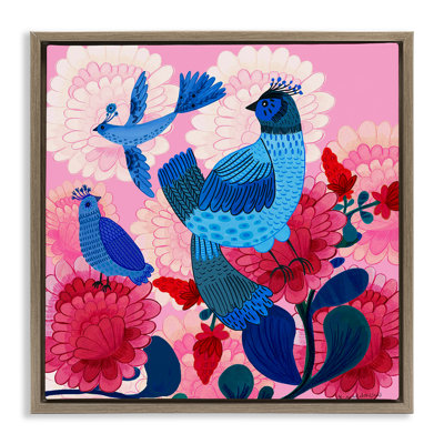Oiseaux populaires sur cadre flottant Dahlias, design par Kay Widdowson