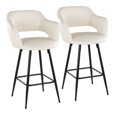 Tabouret de comptoir contemporain de 26 po de hauteur fixe en métal et similicuir crème avec repose-pieds carré en métal - ensemble de 2