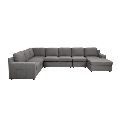 Linen 7-Seater U-Shape Sectional Sofa Chaise With Pocket In Gray by Latitude Run