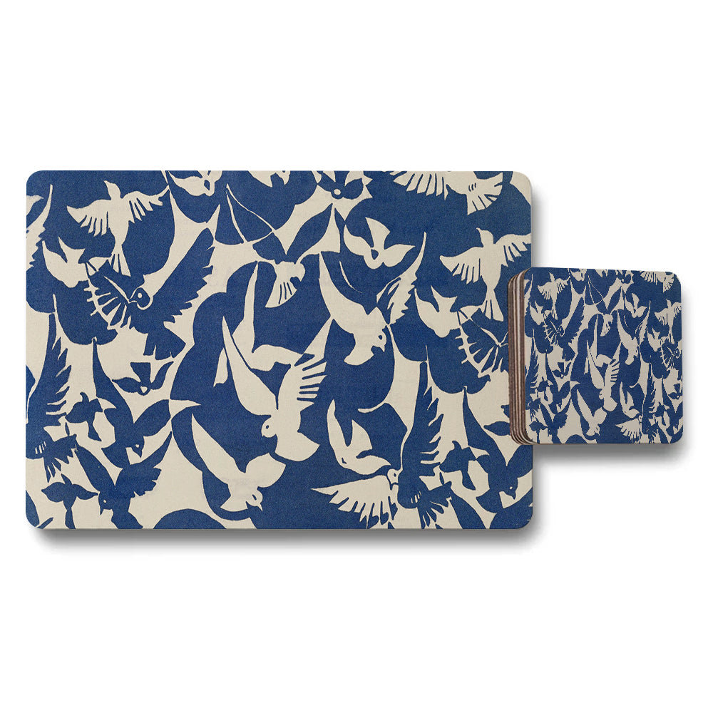 Blue Bird Motif Placemat And Coaster Set Beige Background