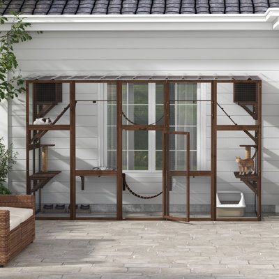 Outdoor Catio Cat Enclosure, Large Wooden Cat House with 6 Jumping Platforms, Scratching Post, 2 Ramps, Waterproof Roof, for 2-3 Kittens