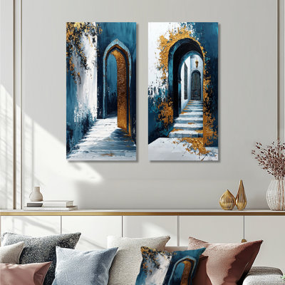 Ensemble de 2 pièces dorées et bleues de la Kasbah de Rabat «I» du Maroc