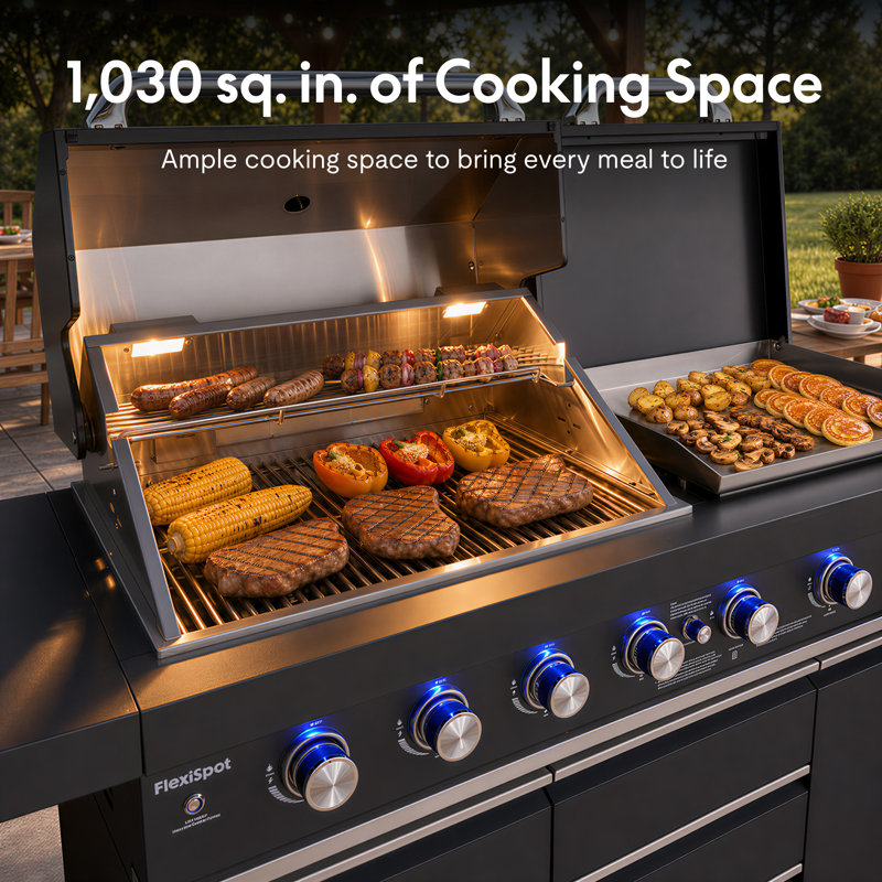 Ensemble d'îlot de cuisine extérieur modulaire 4 pièces avec barbecue à 8 brûleurs, réfrigérateur et roues Akoah