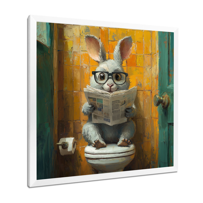 Kenalee lapin avec des lunettes dans la toilette II - lapin, art mural de salon, Reproduction encadrée d'une seule photo
