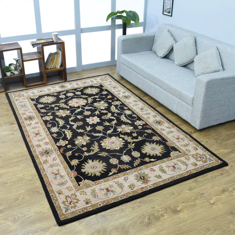 Tapis écologiques en laine touffetée à la main Thor - Rectangle, beige noir | Conception orientale | Tapis pour le salon, la chambre à coucher