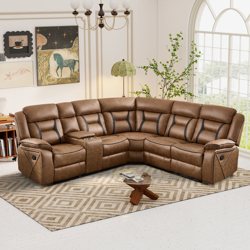 7-Piece Faux Leather Manual Reclining L-Shaped Sectional Sofa with Center Console, Cup Holders & Storage, Tan Faux Leather