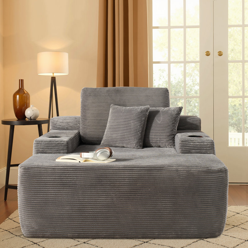 48.42'' Wide Oversized Upholstered Chaise Lounge Chair With Armrests, Pillows, And Cup Holder – No Assembly Required
