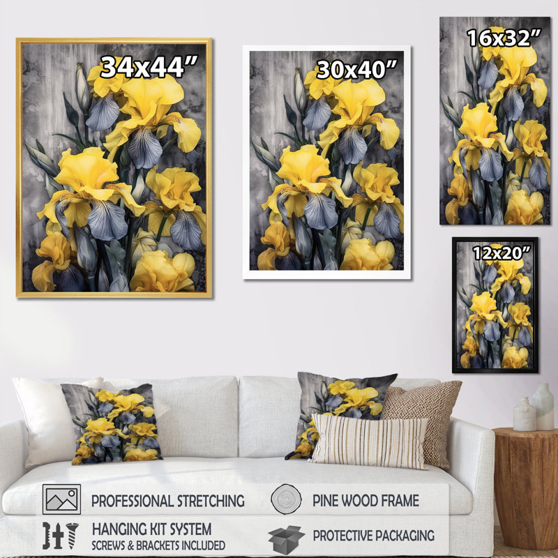 Art mural mural jaune et gris jaune Iris I, H 40 po x l 30 po x P 1,5 po, Silver Floater Framed