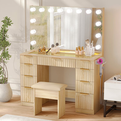 Glass Top Makeup Vanity With Lights, Smart Rgb Ambient Lighting And 15 Drawers by George Oliver