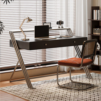 Black Rectangular Solid Wood with 2 drawers desk