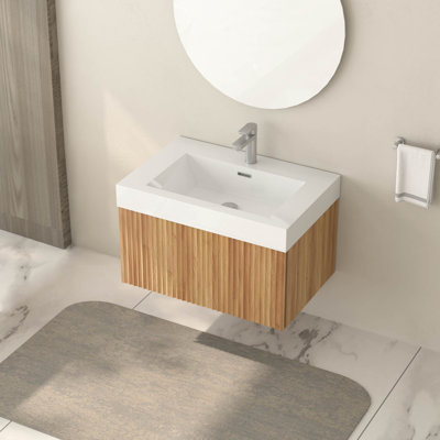 Meuble-lavabo mural de 30 po avec lavabo, armoire de salle de bain flottante murale avec finition en contreplaqué intégré de conception minimaliste moderne pour salle de bain compacte couleur acacia