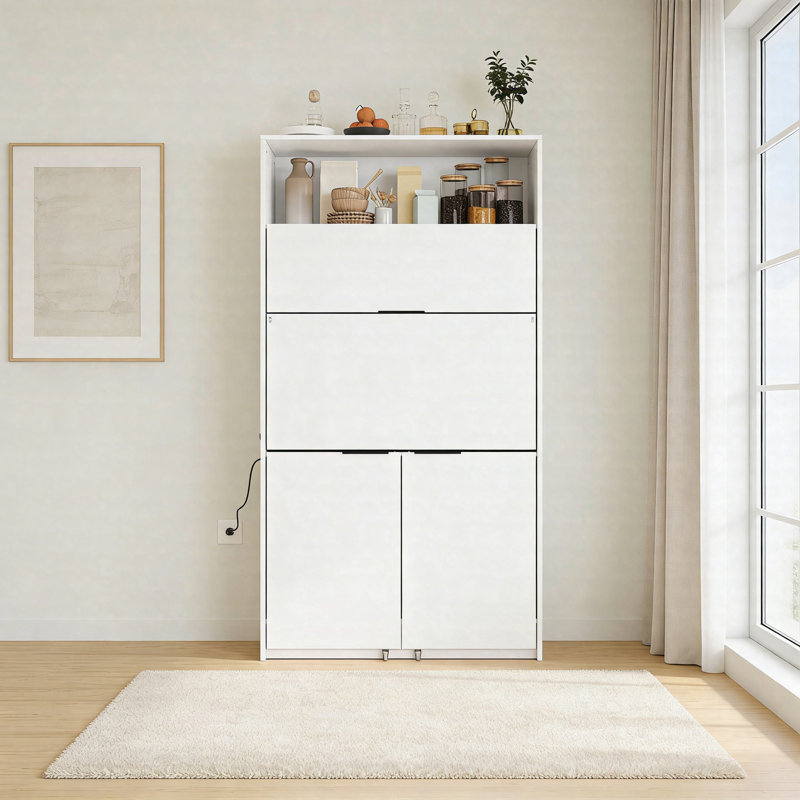 Armoire de cuisine compacte avec poste de travail rabattable, huche de buffet avec prise de courant et tablette réglable