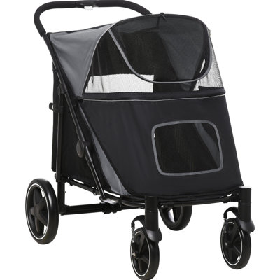 Poussette pour chien pour grands chiens - Compartiment de rangement, Absorption des chocs, Gris moyen grand avec fenêtre d'absorption en maille, Laisse,