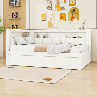 Full Upholstered Daybed with USB Ports, LED Belt and Twin Trundle