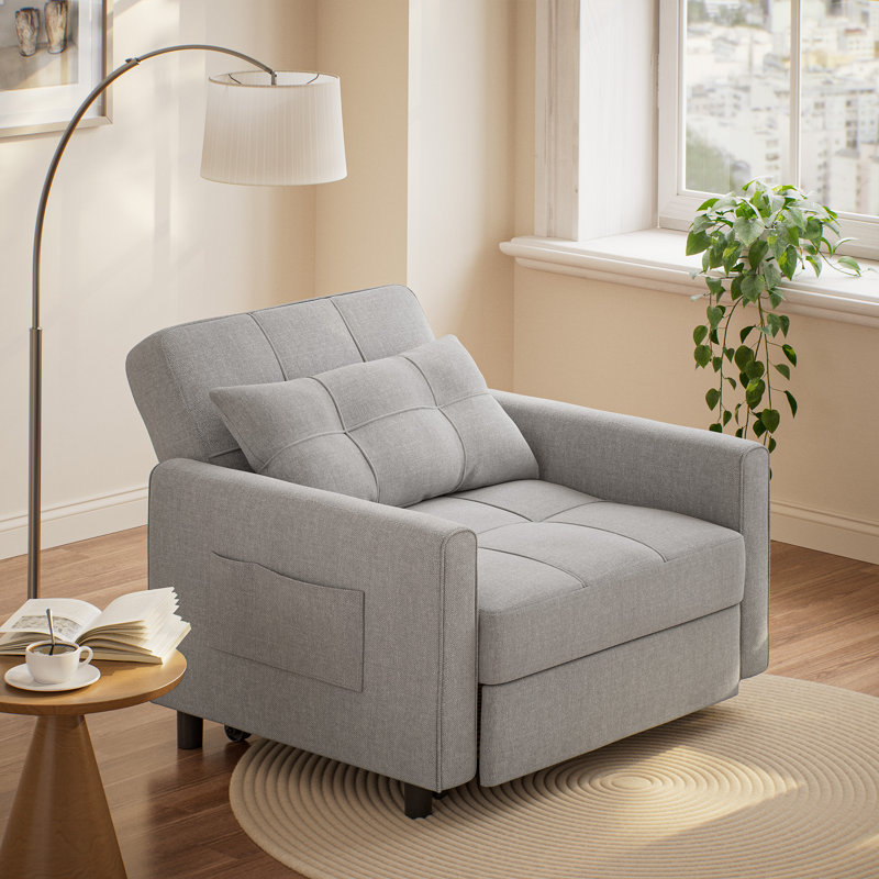 3-in-1 Wide-Seat Upholstered Sleeper Sofa with Side Pockets for Living Room, Bedroom, Study, Gray Linen Blend