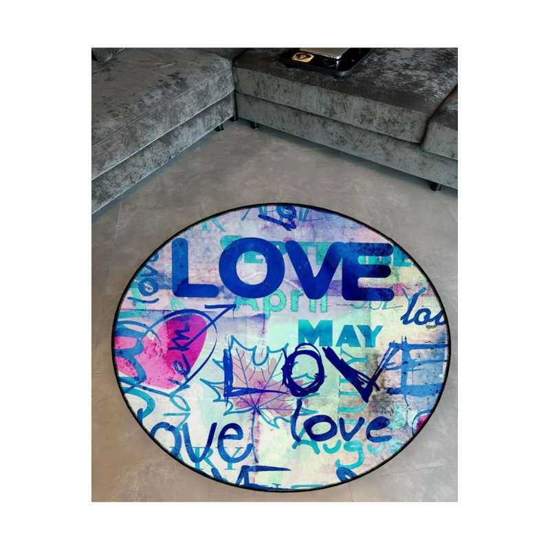 Pink Heart Patterned Woven Base Decorative Carpet With Love Written In Blue And Purple Tones, Round 2'8"