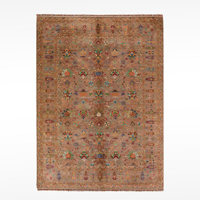 Original Hand Knotted Traditional Pattern Brown Wool and Cotton Rug
