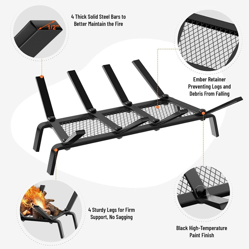 Grille de foyer avec support de braise, grille de bûche de 17 po en fonte massif, barre de 1/2 po, support pour foyer extérieur, foyer à bois, foyer à bois, camping
