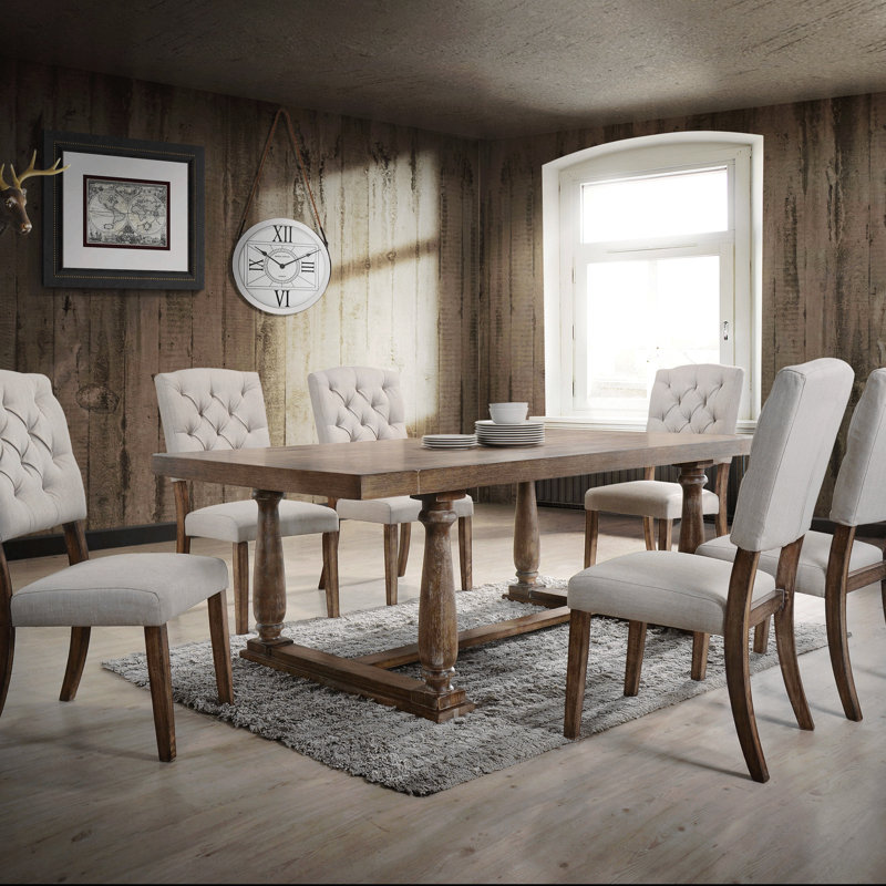 Set Of 2 Beige Tufted Back Side Chairs With Weathered Oak Finish, Rustic Dining Room Seating, Brown