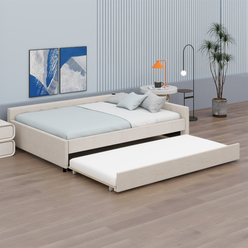 Lit plateforme tapissier avec port USB et gigogne, Double