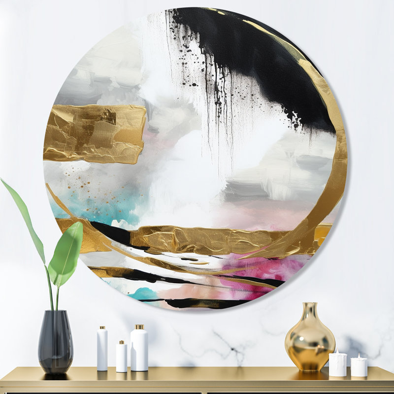 «Gold and Black Geometric Enchantment II», art mural rond en marbre abstrait sur métal, H 29 po x l 29 po x P 1 po