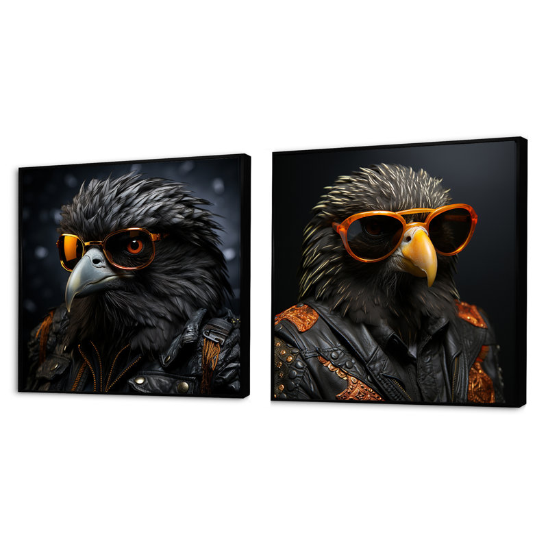 Cool Black Bird - aviateurs noirs - animaux, ensemble de 2 oiseaux carrés, Cadre flottant noir, H 16 po x l 33 po