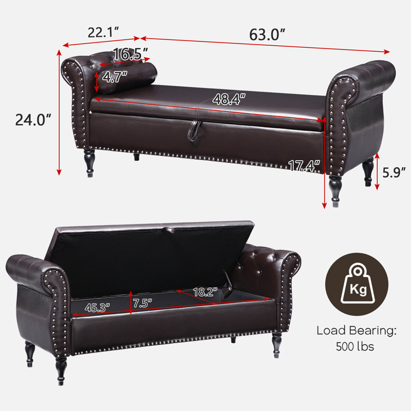 Banc de rangement rembourré Calvyn, Brun foncé