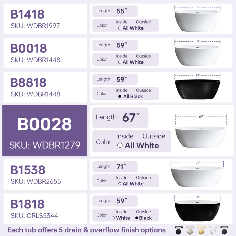 67" x 32" Freestanding Double Ended Soaking Acrylic Bathtub, White, Matte Black