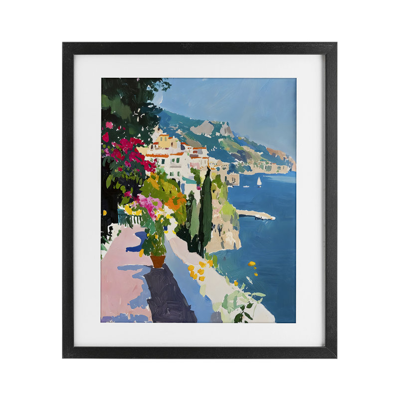 Balcon côtier italien, reproduction encadrée sous verre, conception de Riley B, Cadre noir minuit, H 21 po x l 17 po