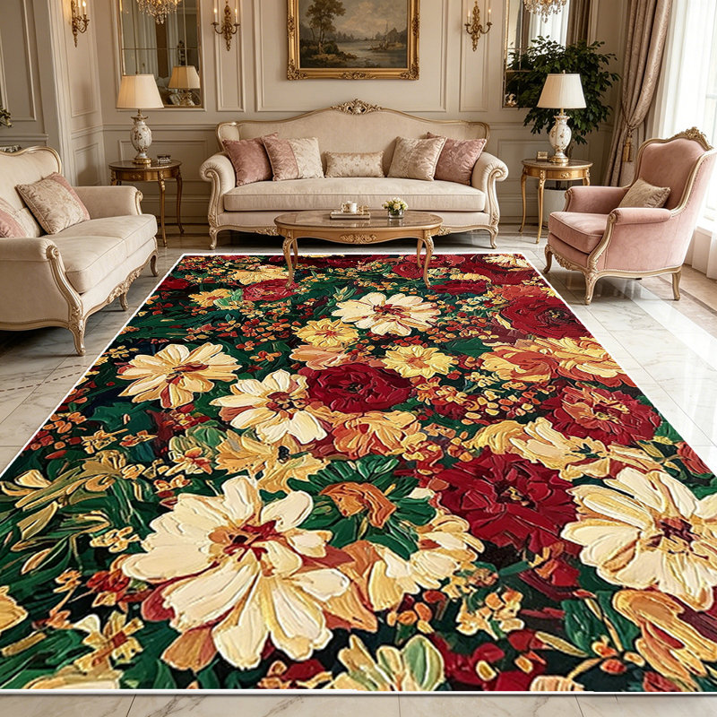 1PC Vintage Thick Oil Painting Burgundy Cream Gold Floral area rugs, Soft and Comfortable, easy-to-maintain, machine washable Indoor floor mat, suitable for living room, bedroom, dining area, entryway, backyard patio, front porch, Home Decor, Outdoor