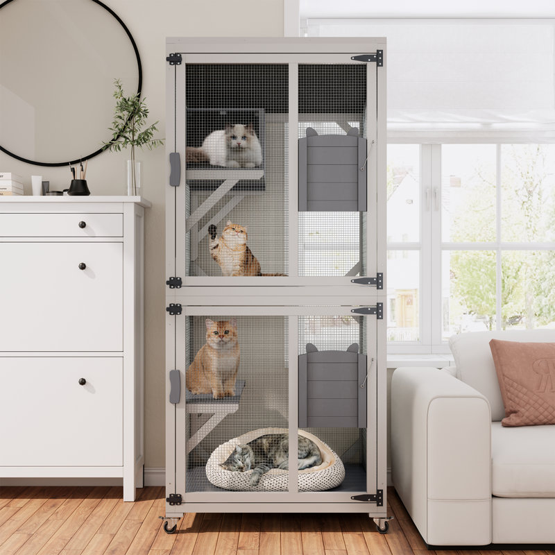 Enceinte d'extérieur pour chat avec roues, grande cage à chat en bois de 74,8 po, maisonnette à plusieurs niveaux avec plateformes, portes verrouillables et plateau amovible en PVC