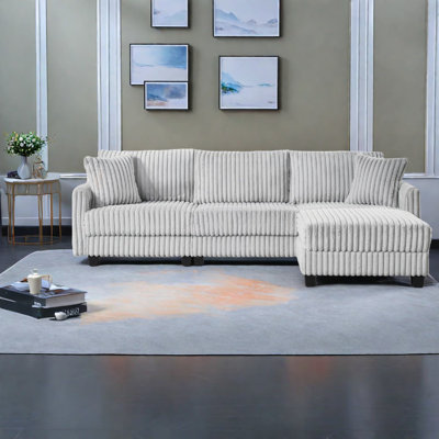 Modern Grey Corduroy Sofa, 100-inch Multifunctional L-shaped With Charging Ports