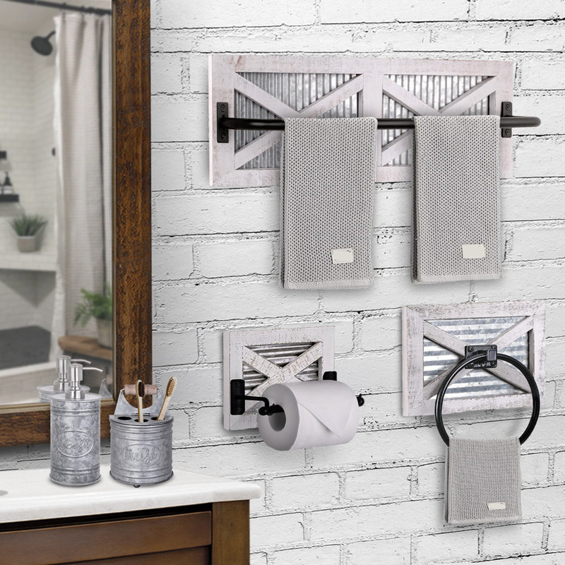 Ensemble de quincaillerie de salle de bain de style campagnard Autumn Alley - Porte-papier hygiénique en bois et métal galvanisé, porte-serviettes et barre à serviettes 24 po (ensemble de fixation murale 3 pièces)