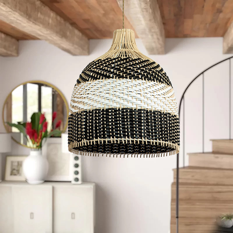 1- Light Rattan Black&White Coastal Pendant Light in Modern Ceiling Light for Kitchen Handmade Dome Shape Shade